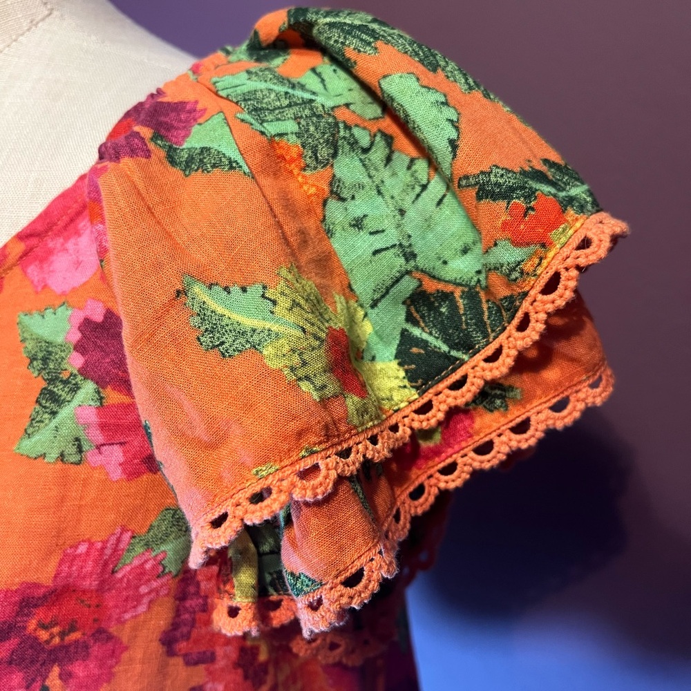 🧡Cynthia Rowley Orange Floral Linen Short Sleeve Blouse - Picture 3 of 5